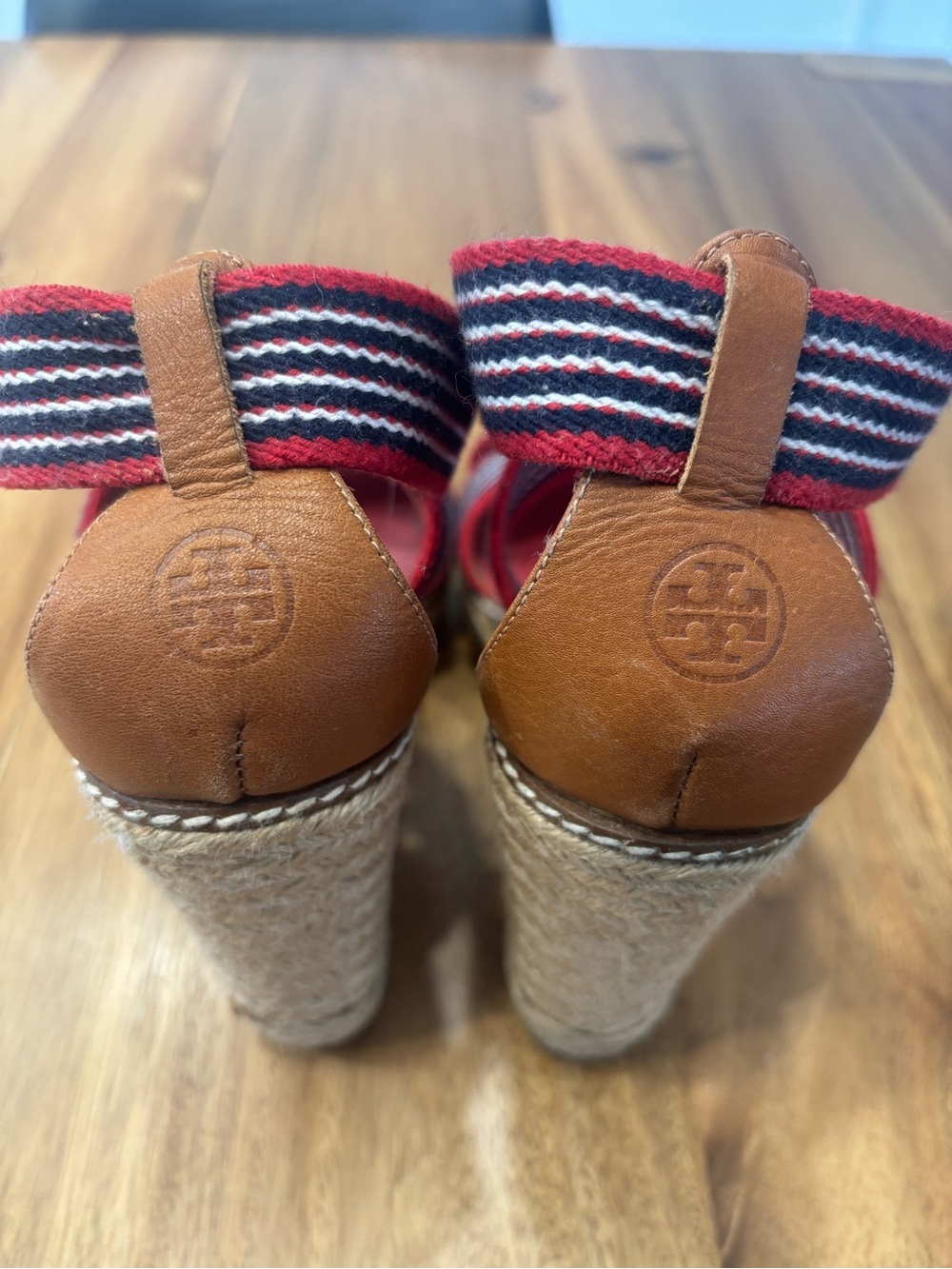 Tory Burch Red Canvas Espadrille Wedge Sandals with Navy & White Straps - Picture 4 of 5